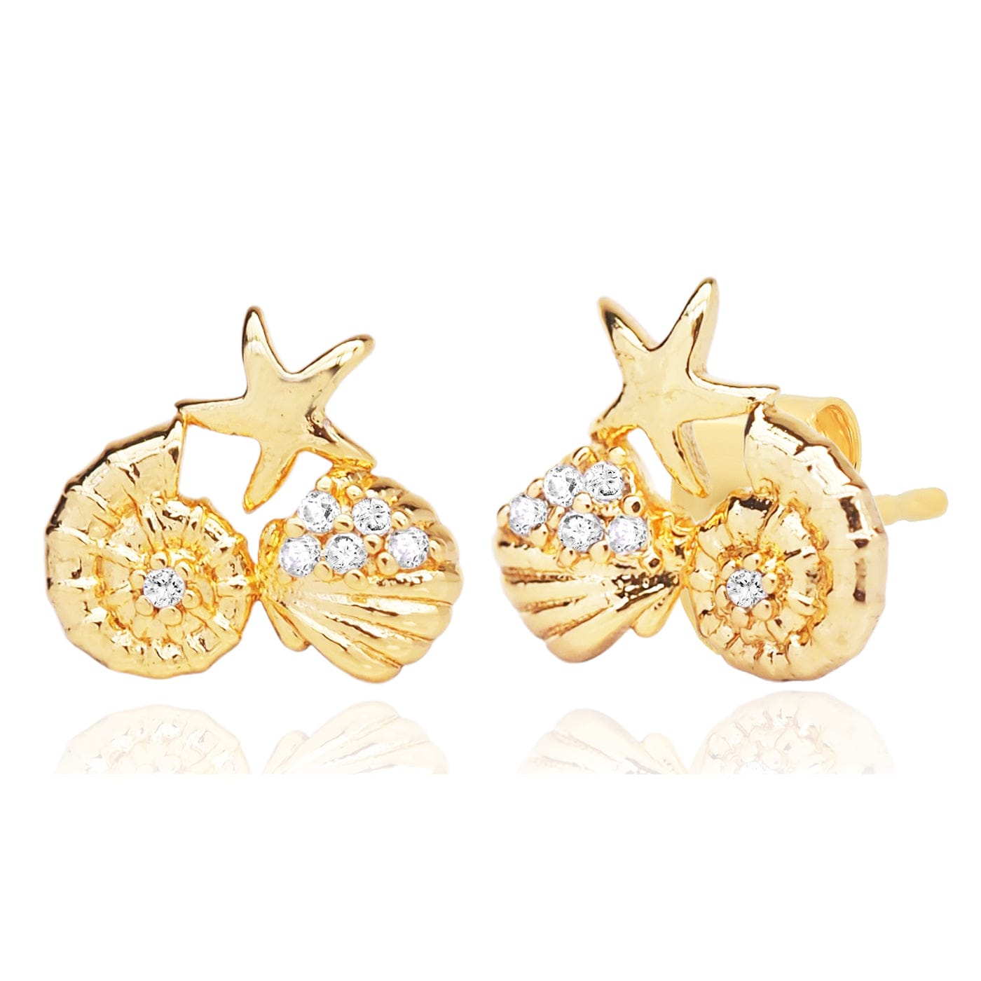 Gold Starfish and Shell CZ Stud Earrings