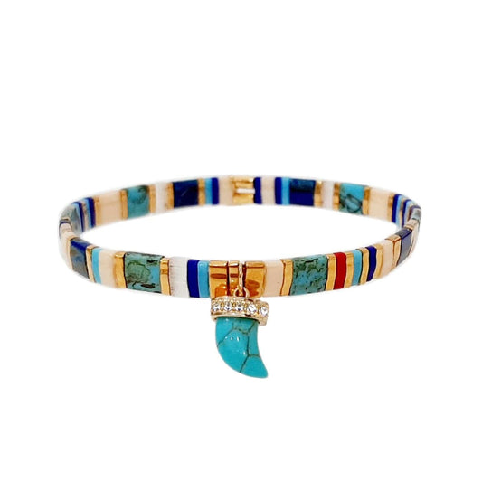 Multicolor Tila Bead Stretch Bracelet with Turquoise Horn Charm