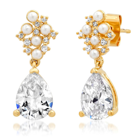 Freshwater Pearl and CZ Drop Earrings