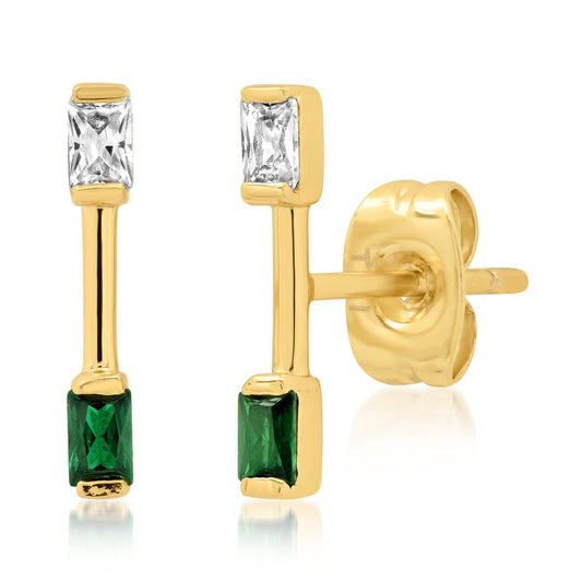 Gold Bar Stud With CZ And Emerald Green Stone Accents