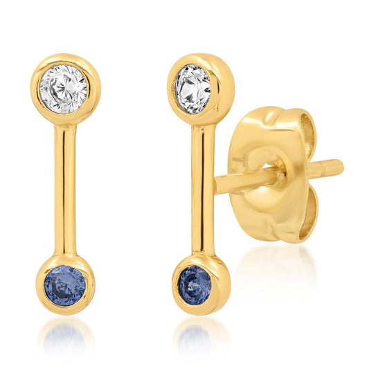 Gold Bar Studs With Cz & Blue Glass Accents