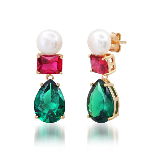 Green Pear Stone and Pearl Drop Earrings
