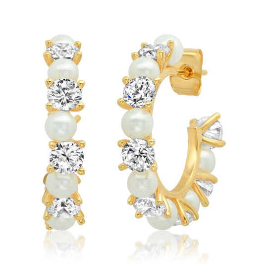 Medium Pearl And Cz Gold Hoops