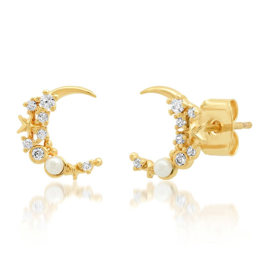 Moon And Star Pearl And CZ Studs