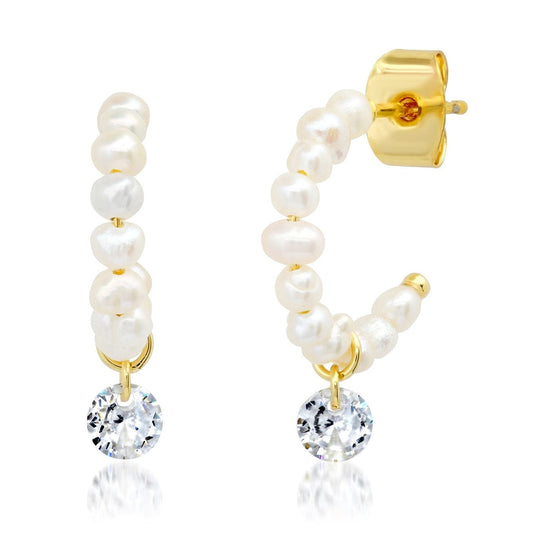 Pearl Huggie With CZ Charm