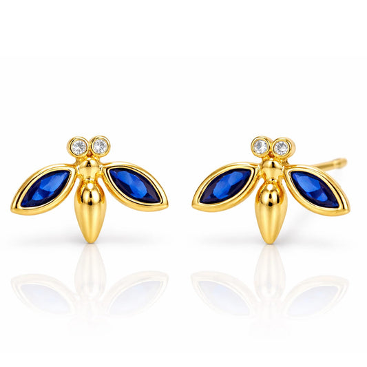 Simple Gold Bee Studs Accented With Montana Blue Stones