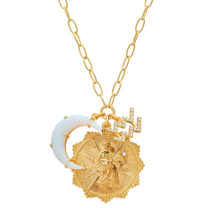 Opal Crescent Zodiac Charm Pendant Necklace