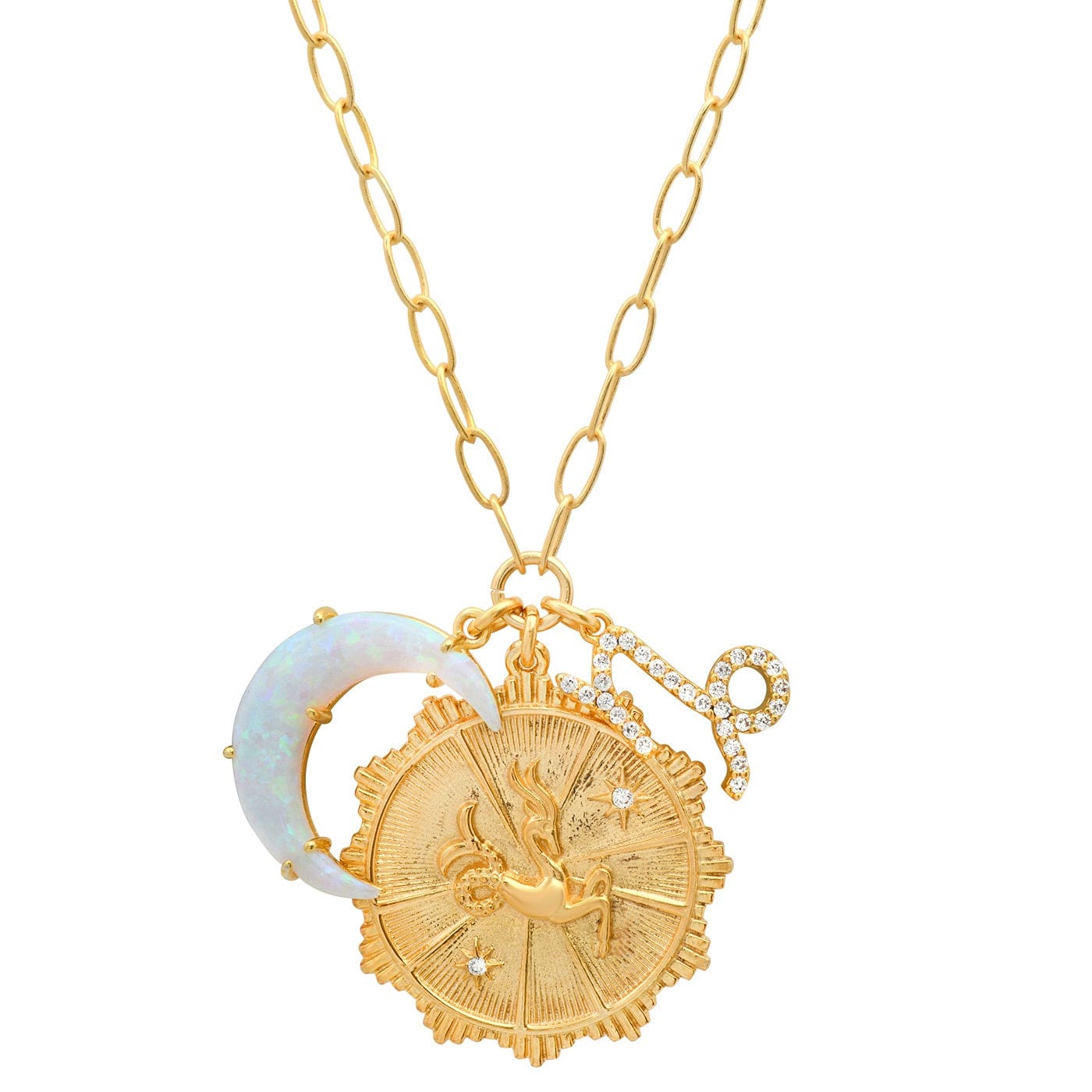 Opal Crescent Zodiac Charm Pendant Necklace
