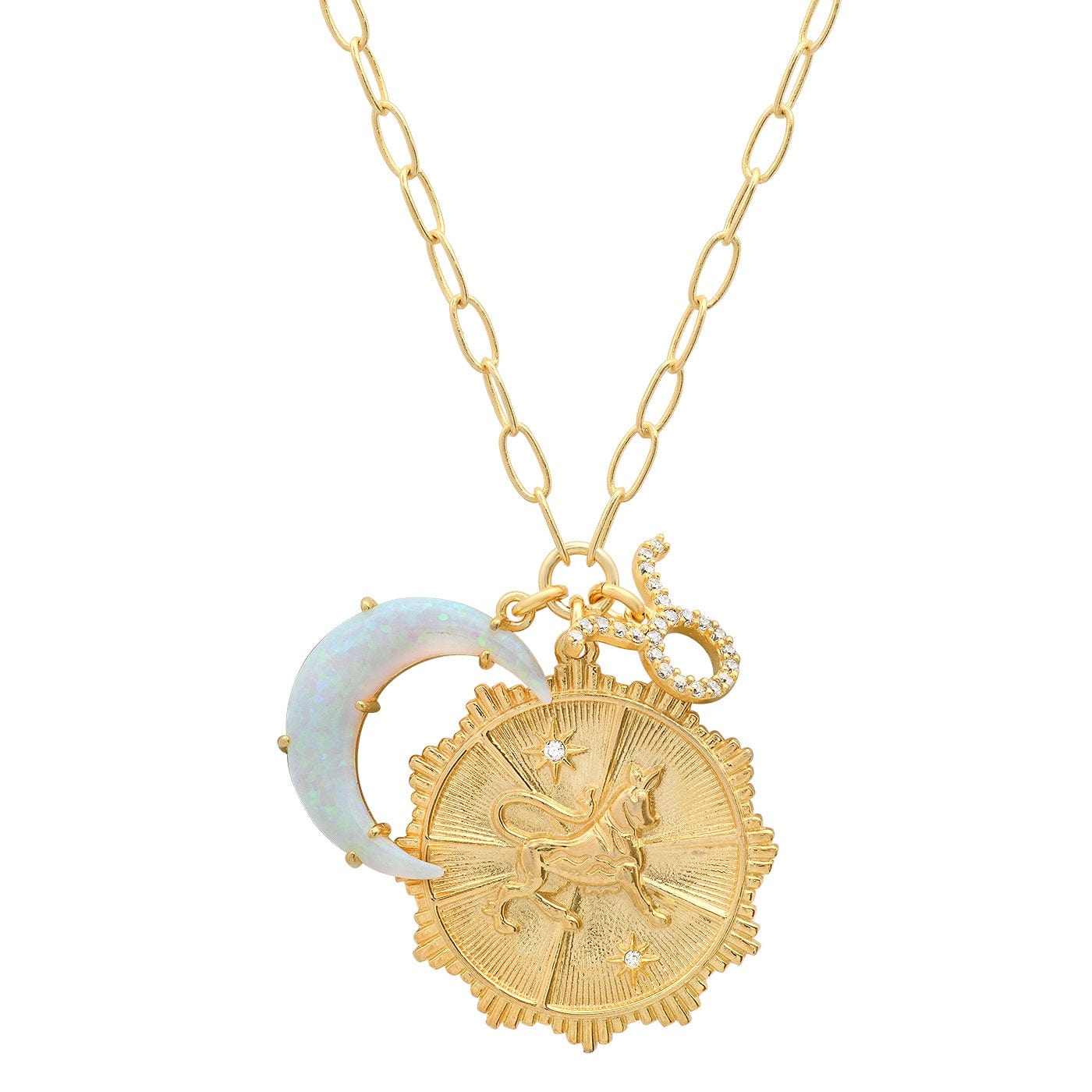 Opal Crescent Zodiac Charm Pendant Necklace