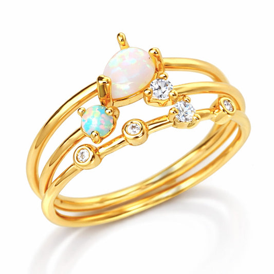 Opal & CZ Stack Ring Set – 3 Piece