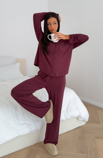 Pillow Talk Long Sleeve Pyjama Set Burgundy